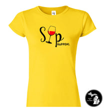 Load image into Gallery viewer, Sip Happens Wine Humor T-Shirt - Drinks - Ladies - Funny - Spirits -